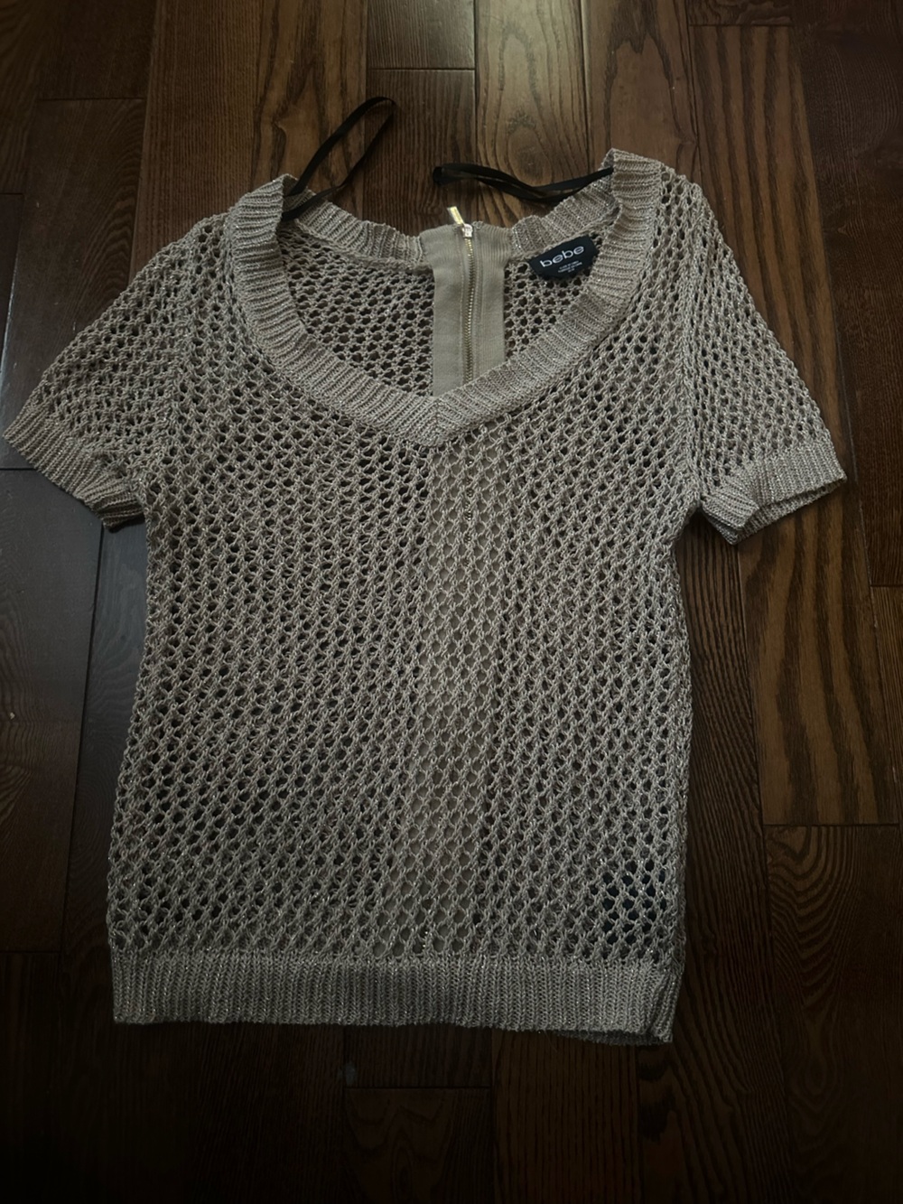 bebe Open-Knit V-Neck Short Sleeve Sweater in Tan